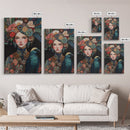 Goddess Art Framed Canvas Print Featuring Whimsical Floral Headdress and Bird Art, Boho Bedroom Art with Vibrant Chinoiserie Vibes