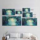 Mystical River, Framed Canvas Print, landscape painting, moody art, forest at dusk painting, teal wall art, extra wide art