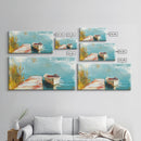 Wooden dock, rowboat, lake, marsh painting, fisherman painting, coastal decor, rustic wall art, framed canvas print, guest room art