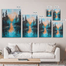 Sunset Reflection, pine tree art, landscape painting, teal wall art, Joshua tree art, framed canvas print, extra wide art