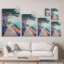 Ocean Cliff Path, coastal landscape art, pine tree art, rustic wall art, blue and green wall art, framed canvas, above bed wall art