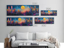 Neon Moon Fantasy Canvas Print - Vibrant Sci-Fi Cityscape Painting, Psychedelic Wall Art, Trippy Room Aesthetic, Urban Decor