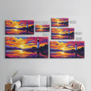 Seaside Lighthouse, Golden Sunset, Ocean Wall Art, Nautical Decor, Framed Canvas Print, Coastal Living Room Artwork, Vibrant Landscape
