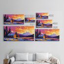 Mountain Cabin, Snowy Retreat, Cozy Lodge, Vibrant Sunset, Nature Art, Rustic Home Aesthetic, Living Room or Bedroom, Canvas Print