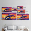 Jumping Dolphin at Sunset, Framed Canvas Print, Ocean Wall Art, Vibrant Marine Painting, Coastal Decor, Beach House Aesthetic