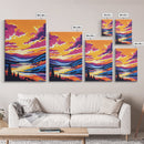 Sunset Valley, Reflection, Framed Canvas Print, Mountain River Art, Vibrant Landscape, Living Room Wall Art, Rustic Home Decor