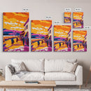Sunset Village, Walkway, Framed Canvas Print, Mediterranean Street Art, Colorful Cityscape, Urban Wall Decor, Warm Tones