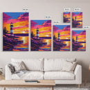 Lighthouse, Sunset, Coastal, Seascape, Framed Canvas Print, Nautical Decor, Beach House Wall Art, Vibrant Ocean Painting, Living Room Art