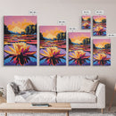 Water Lily, Sunset, Pond, Nature, Framed Canvas Print, Botanical Wall Art, Floral Painting, Bedroom Art, Serene Watercolor Vibes