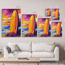 Surfboard Sunset, Vibrant Beach, Framed Canvas Print, Coastal Wall Art, Boho Decor, Large Artwork, Bedroom Art, Modern Painting, Gift Idea