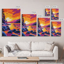 Golden Shore, Sunset Beach Art, Coastal Wall Decor, Vibrant Landscape, Framed Canvas Print, Seaside Home Art, Nautical Aesthetic