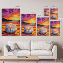 Sand Dollar Art, Coastal Beach Wall Decor, Ocean Inspired Print, Vibrant Sunset Art, Framed Canvas Print, Nautical Living Room Art
