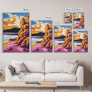 Cliffside Sunset Art, Coastal Landscape Print, Vibrant Nature Painting, Dramatic Sky Wall Art, Framed Canvas Print, Office Scenic Decor
