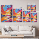 Lakeside Sunset Painting, Serene Nature Wall Art, Warm Color Palette, Scenic Landscape Print, Framed Canvas Print, Boho Bedroom Decor