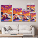 Spiral Seashell Art, Ocean Beach Painting, Vibrant Sunset Coastal Print, Tropical Wall Decor, Framed Canvas Print, Relaxing Bathroom Art