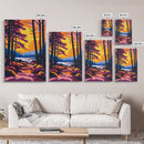 Forest Sunset Path, Tranquil Woodland Scene, Vibrant Landscape Art, Cozy Nature Wall Decor, Framed Canvas Print, Autumn Living Room Art