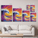 Ocean Wave, Splash, Power, Sunset, Framed Canvas Print, Coastal Decor, Surf Art, Beach House Wall Art, Nautical Theme, Vibrant Blue
