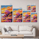 Rock Formations, Beach, Sunset, Vibrant, Framed Canvas Print, Coastal Nature Art, Ocean Landscape, Earthy Decor, Tranquil Wall Art