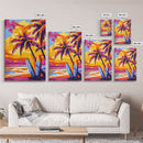 Surf Shack, Tropical Landscape, Sunset Beach, Framed Canvas Print, Boho Wall Art, Coastal Home Decor, Vibrant Surfing Aesthetic