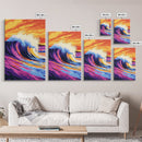 Wave Art, Surfing Aesthetic, Sunset Ocean, Framed Canvas Print, Beach House Decor, Coastal Wall Art, Vibrant Colors, Modern Seascape