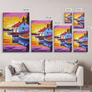 Lakeside Cabin, Cozy Retreat, Waterfront House, Nature Art, Canvas Print, Living Room Wall Art, Rustic Decor, Bold Sunset Tones