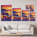 Seaside Bench, Sunset Beach Art, Romantic Wall Art, Coastal Decor, Framed Canvas Print, Nature Wall Art, Serene Landscape Painting