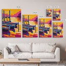 Docked Canoes, Lake Sunset Painting, Nautical Wall Decor, Tranquil Water Scene, Framed Canvas Print, Cabin Wall Art, Serene Landscape