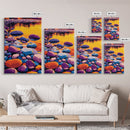River Stones Reflection, Canvas Print, Colorful Sunset, Modern Landscape, Nature Artwork, Peaceful Lake, Warm Aesthetic, Living Room Art