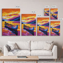 Canoe Serenity, Golden Lake, Sunset Mountains, Canvas Print, Tranquil Nature Art, Living Room Wall Decor, Boho Aesthetic, Warm Colors