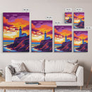 Lighthouse Art, Coastal Seascape Painting, Nautical Home Decor, Ocean Sunset Print, Beach House Wall Art, Framed Canvas Print, Office Decor