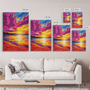 Sunset Beach, Ocean View, Coastal Wall Art, Vibrant Seascape, Living Room Decor, Nautical Aesthetic, Framed Canvas Print, Gift Idea