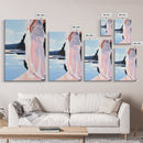 Woman by Water, Soft Pastel Art, Romantic Beach Scene, Minimalist Print, Framed Canvas Print, Tranquil Home Decor, Feminine Wall Art