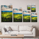 Coastal Landscape, Ocean View, Green Fields, Framed Canvas Print, Serene Wall Art, Nature Inspired, Tranquil Beach Decor, Modern Art
