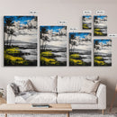 Tropical Beach Scene, Coastal Landscape Art, Black White Blue Yellow, Palm Tree Ocean Decor, Relaxing Home Gift, Framed Canvas Print