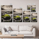 Coastal Rocks, Mossy Shore, Framed Canvas Print, Ocean Landscape, Beach House Wall Art, Nautical Decor, Green Nature, Relaxing Art