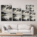 Moody Landscape, Black and White Art, Dramatic Sky, Coastal Scene, Nature Painting, Modern Home Decor, Minimalist Style, Framed Canvas Print