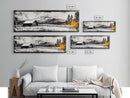 Cabin in Mountains, Rustic Winter Scene, Black and White Art, Fall Forest Accent, Cozy Lodge, Living Room Decor, Framed Canvas Print