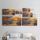 Sunset Courtyard, View, Vibrant sunset courtyard scene with ocean and mountain backdrop, Framed Canvas Print, kitchen wall art