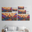 Campfire, Mountains, Glow, Vibrant campfire scene with colorful mountains and plants, Framed Canvas Print, rustic cabin wall art