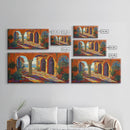 Courtyard Villa, Colorful, Tiles, Framed Canvas Print, Spanish villa artwork, warm terra cotta boho decor, kitchen or hallway wall art