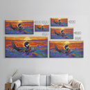 Sunset Loon, Splash, Painting, Framed Canvas Print lakehouse wall art, coastal bathroom decor, vibrant nature print, ocean artwork