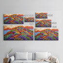 Wildflower Mountain, Sunrise, Hillside, Framed Canvas Print Bold desert landscape, colorful botanical art, boho Fall bedroom decor