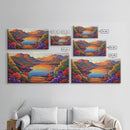 Lake Sunset, Desert, Mountains, Framed Canvas Print, colorful landscape wall decor, boho living room art, nature lovers gift