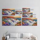 Waterfall Rainbow, Canyon, Bold, Framed Canvas Print vibrant nature bathroom decor, boho rainbow mountain wall art, fantasy print
