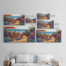 Patio, Ocean, Dining, Framed Canvas Print, Colorful seaside patio with umbrella and table scene, Summer vibes, Dining Room Wall Art