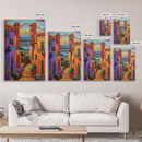 Bridge Street, Sunset, Framed Canvas Print, Colorful Cityscape Wall Art, Vibrant Urban Decor, Boho Architecture Print, Hallway Wall Art