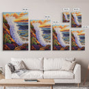 Wave Splash, Cliffside, Sunset, Framed Canvas Print, Bold Ocean Wall Art, Coastal Living Room Decor, Vibrant Beach Seascape Painting