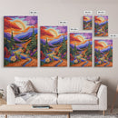 Rainbow Over Mountains, Sunset Pine Forest, Vibrant Landscape, Framed Canvas Print, Kids Room Art, Uplifting Boho Style Wall Decor