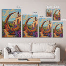 Crescent Sculpture, Sunset Courtyard, Boho Garden Art, Vibrant Southwest Style, Outdoor Decor, Framed Canvas Print, Patio Wall Art