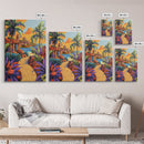 Coastal Village Path, Sunset Vibes, Tropical Getaway, Bright Colors, Framed Canvas Print, Coastal Wall Art, Living Room Decor, Boho Art